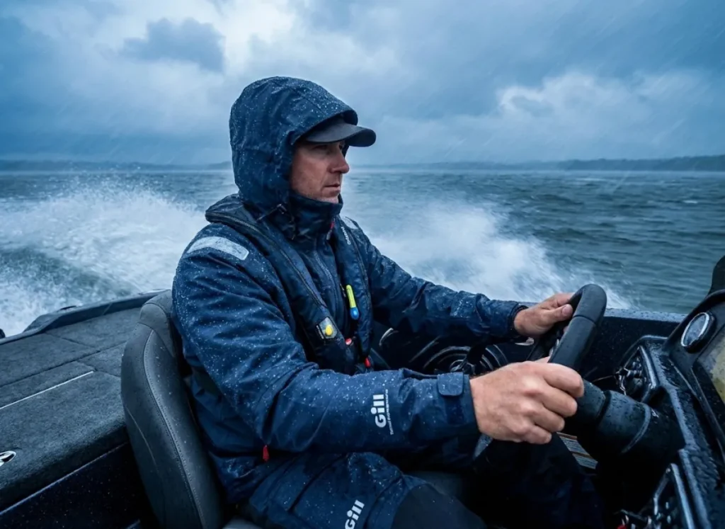 Angler driving a bass boat in heavy rain, wearing a hydrostatic inflatable life jacket that resists accidental inflation from rain and spray.