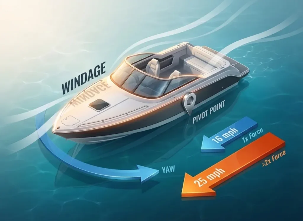 A premium 3D isometric infographic showing a fishing boat on water, visualizing the physics of windage. It highlights the exponential increase in wind force between 16mph and 25mph, and illustrates how the bow pivots downwind around a center of effort.