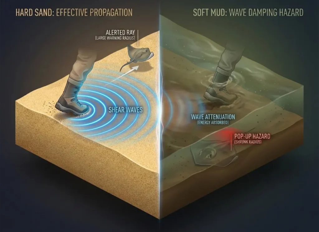 A scientific infographic comparing how shear waves from shuffling feet propagate through hard sand versus soft mud. The left panel shows waves traveling far in sand to alert a stingray. The right panel shows waves being damped quickly in soft mud, leading to a "pop-up hazard" with a buried ray close to the foot.