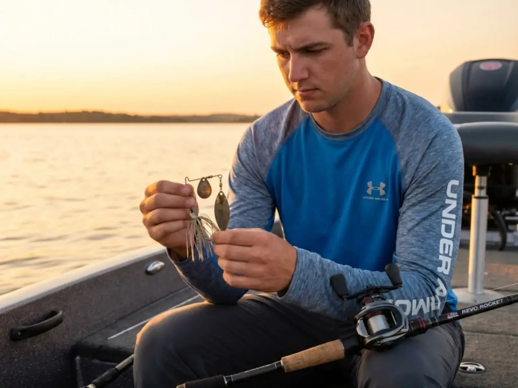 Angler inspecting dull oxidized spinnerbait blade wearing Abu Garcia reel