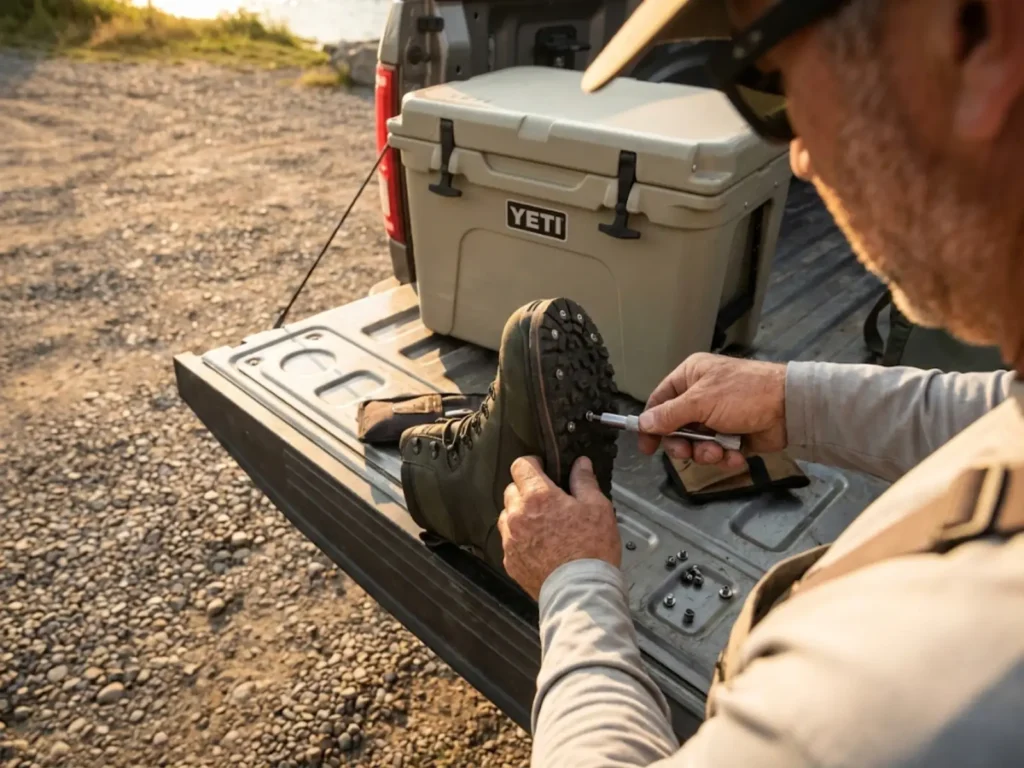 Angler installing tungsten studs into Skwala wading boots on a truck tailgate