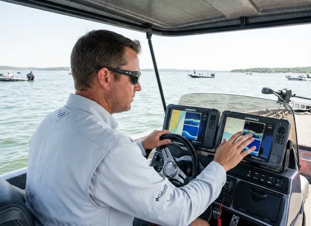 Tournament angler comparing dual Lowrance HDS displays showing side and down imaging