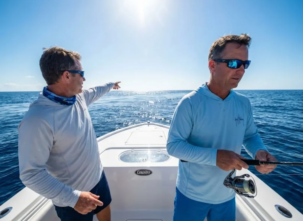 Offshore anglers targeting internal wave surface slick with Shimano Stella gear