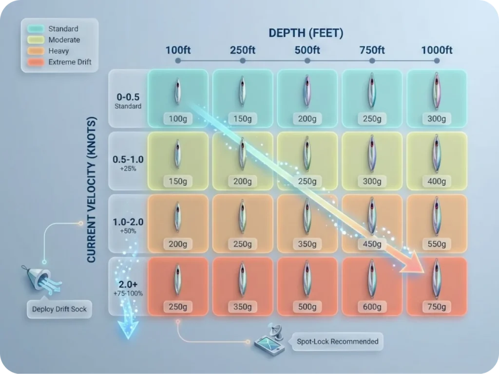 Educational infographic matrix showing vertical jigging weight recommendations based on water depth and current velocity, color-coded by difficulty level from neutral to fast drift conditions.