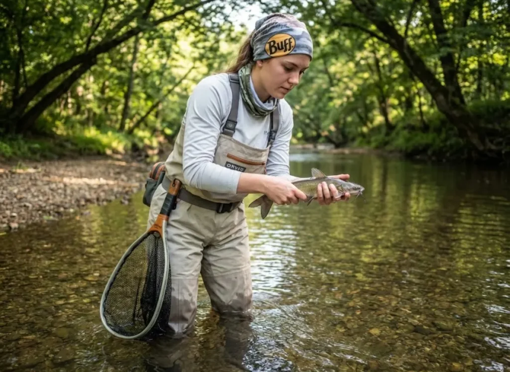 Angler carefully handling small catfish with focused attention on sharp juvenile spines