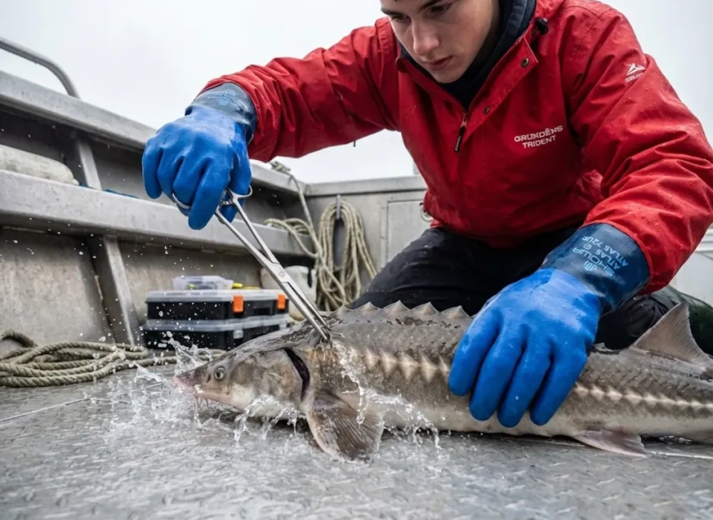 Angler carefully unhooking juvenile sturgeon avoiding razor-sharp scute edges