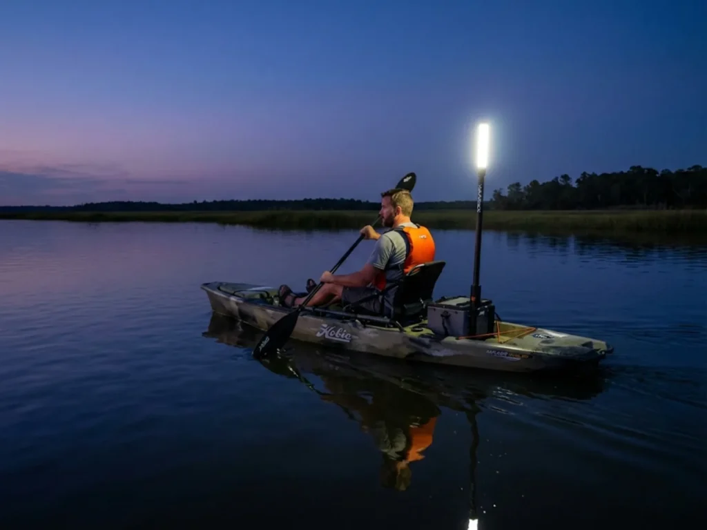 Kayak fishing with YakAttack pole light for night visibility on estuary water
