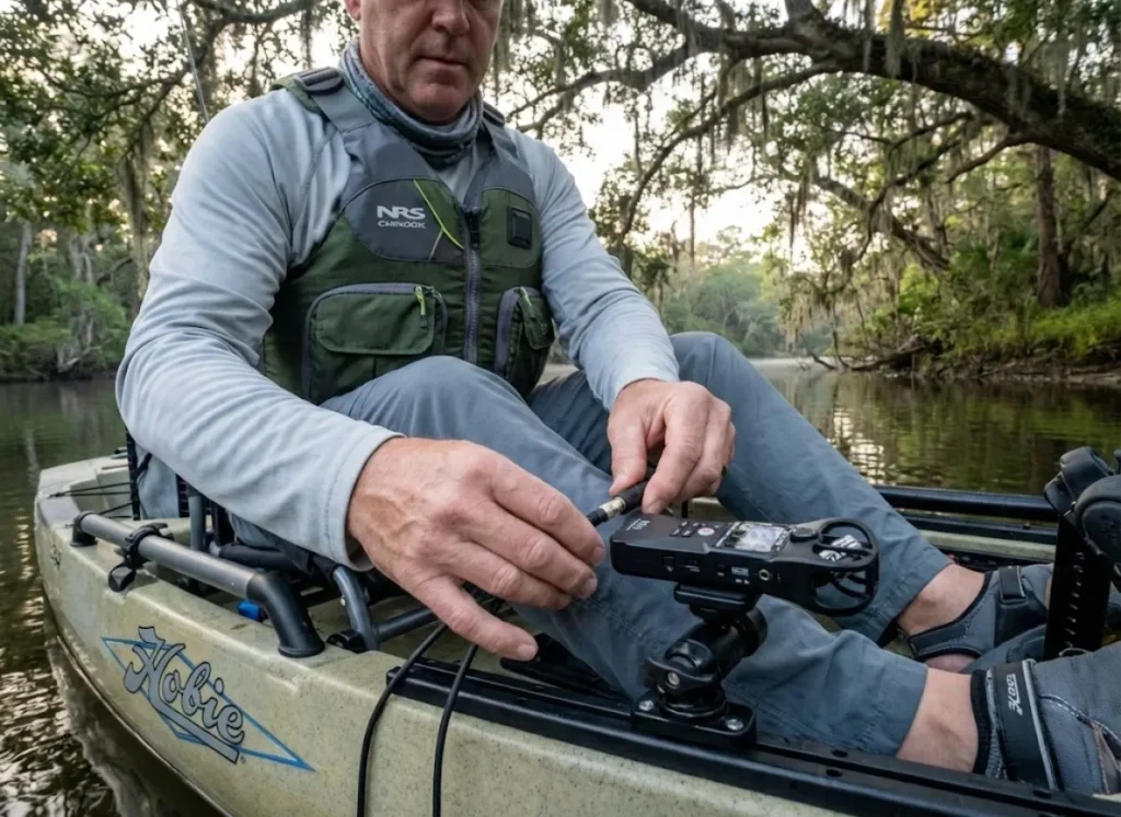 Kayak angler connecting Cetacean Research hydrophone to Zoom recorder in wooded backwater cove