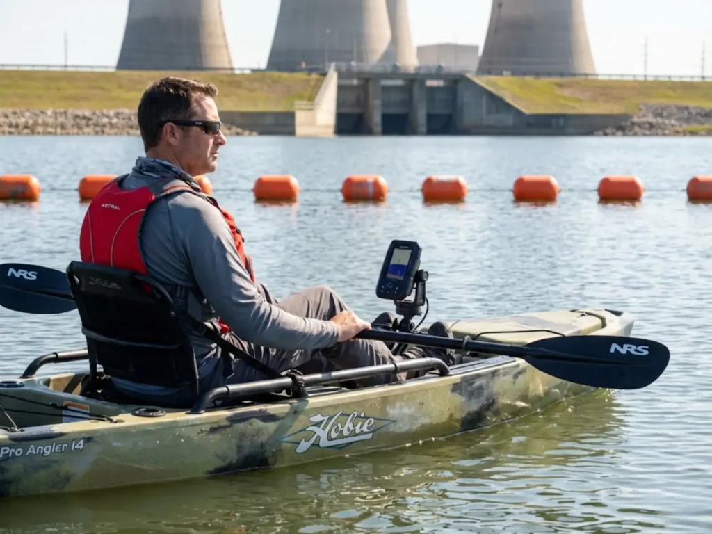 Kayak angler respecting security buoy line at nuclear power plant discharge