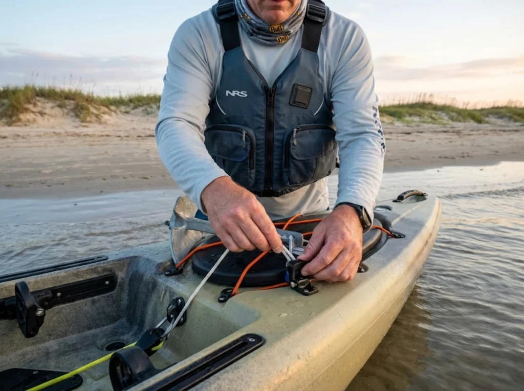 Kayak angler rigging quick-release anchor safety system before Texas coast fishing