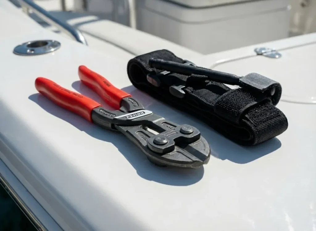 High-resolution flat lay of Knipex bolt cutters and a tactical tourniquet on a boat deck.