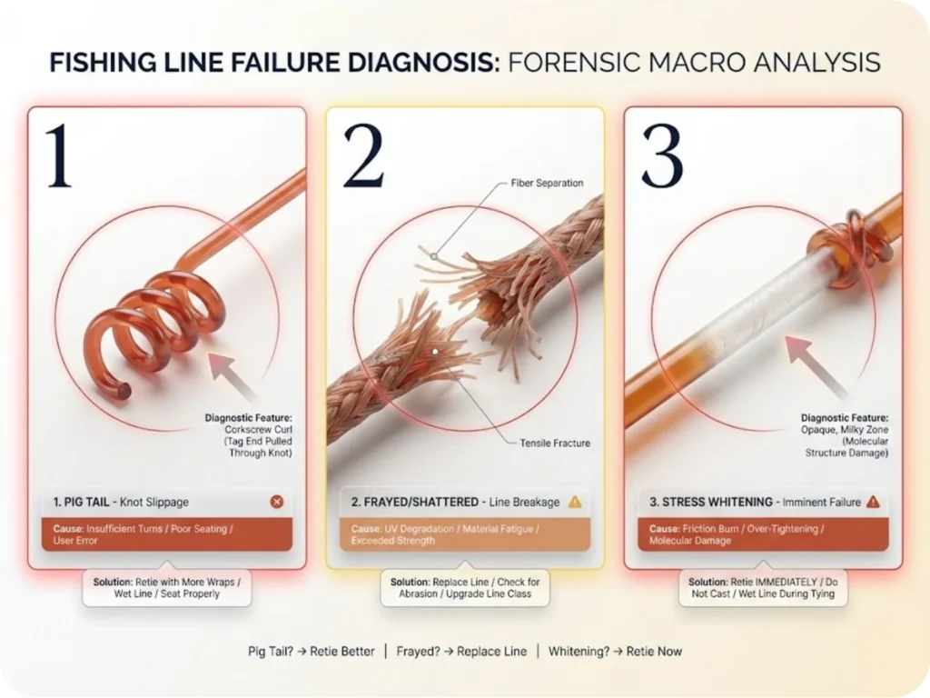 Three-panel macro photography comparison showing fishing line failure diagnostics: pig tail curl indicating knot slippage, frayed shattered end showing line breakage, and stress whitening near knot indicating imminent failure, each with diagnostic highlighting.