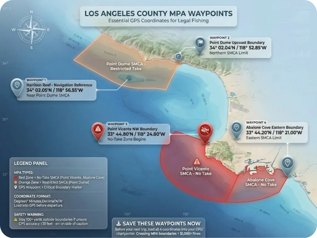 Los Angeles County coastline map showing Marine Protected Area boundaries with GPS waypoint coordinates for Harrison Reef, Point Dume, Point Vicente, and Abalone Cove.