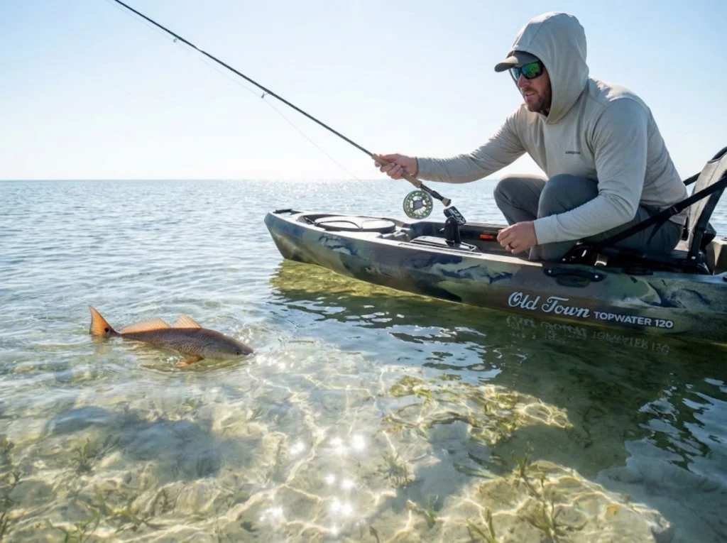 Kayak angler sight-casting to tailing redfish in clear Laguna Madre Texas flats