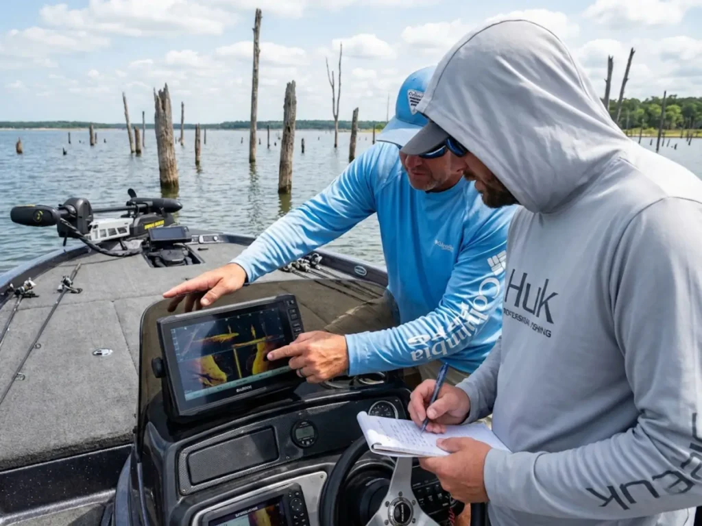 Lake Fork fishing guide teaching client forward-facing sonar electronics on Skeeter bass boat with Garmin LiveScope