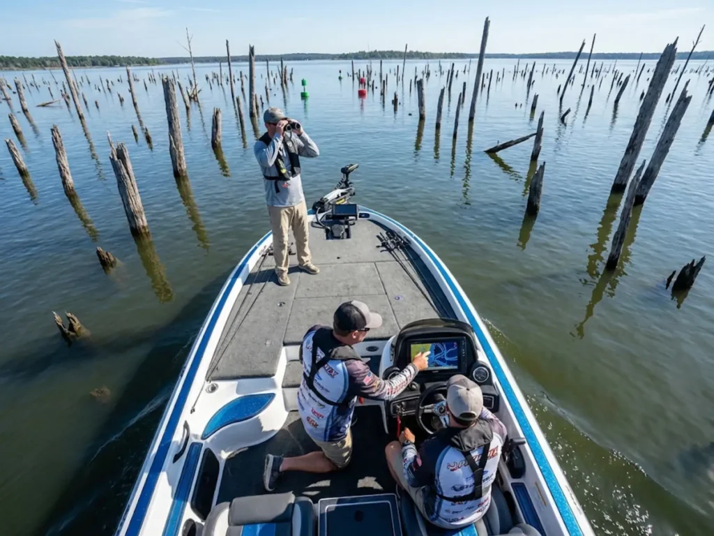 Anglers navigating Lake Fork timber field using Garmin GPS and BoatLanes trails on Phoenix bass boat