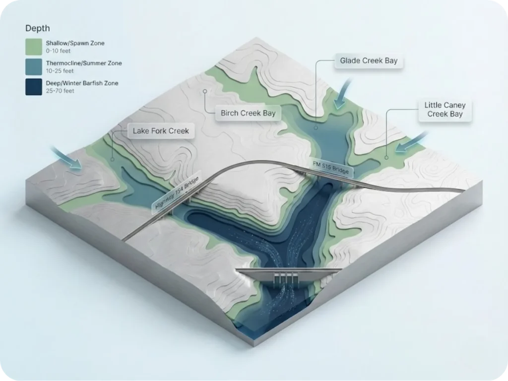 Aerial map of Lake Fork Reservoir showing Y-shaped layout with Lake Fork Creek and Caney Creek arms, Highway 154 and FM 515 bridges, spawning bays, and color-coded depth zones.