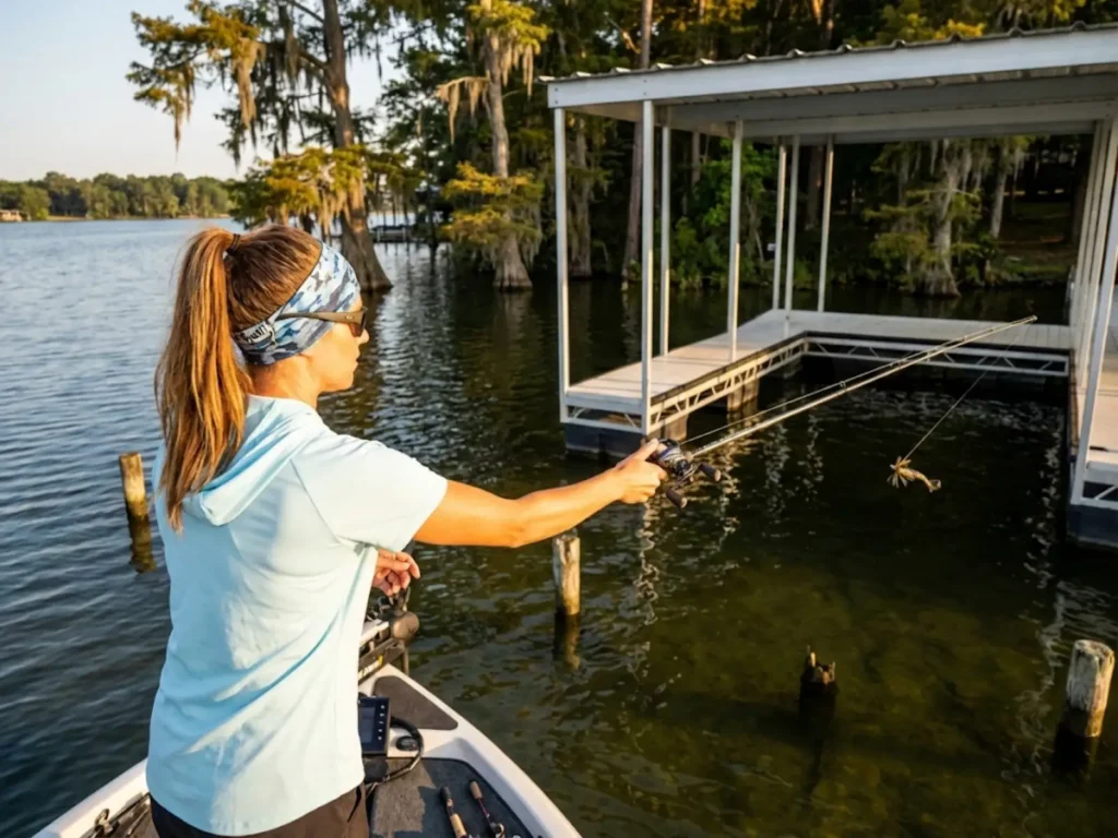 Female angler skip casting jig under Lake Fork boat dock with Lews rod during golden hour light