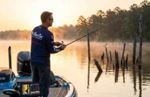 Fishing Lake Fork Texas: Guides + Trophy Tactics Angler casting jerkbait from Bass Cat boat on Lake Fork Reservoir at sunrise surrounded by standing timber