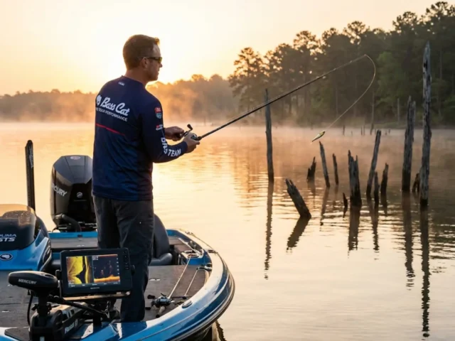 lake-fork-texas-bass-fishing-guide-sunrise Angler casting jerkbait from Bass Cat boat on Lake Fork Reservoir at sunrise surrounded by standing timber