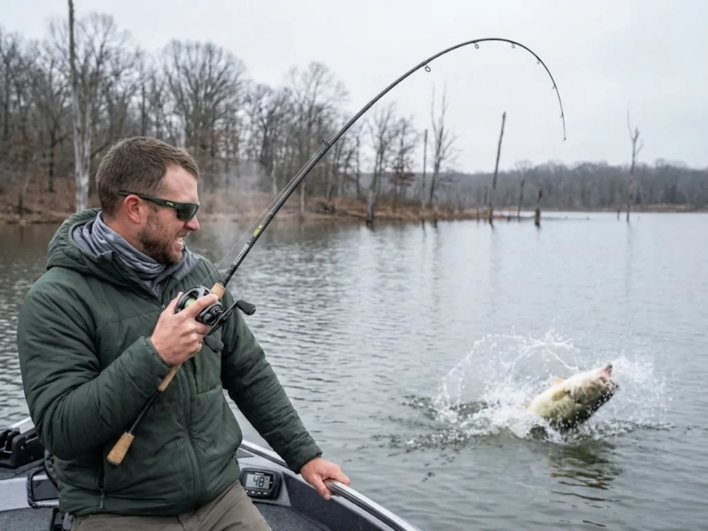 Angler fighting trophy winter bass on Lake Fork Reservoir with bent GLoomis rod and surface splash