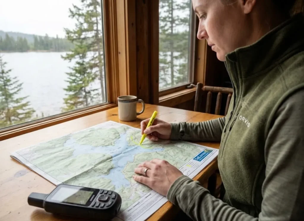 Female angler highlighting fishing spots on topographic lake map inside cabin with lake view