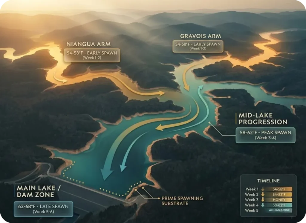 Aerial map overlay of Lake of the Ozarks showing crappie spawn progression from Niangua and Gravois river arms toward the main lake dam, with temperature zone annotations and timing indicators.