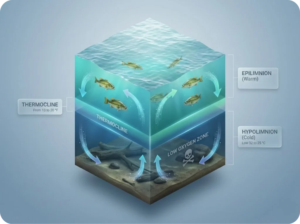 Educational infographic showing vertical cross-section of a lake with three thermal layers (epilimnion, metalimnion, hypolimnion), bass positioned above the thermocline, oxygen-depleted zone marked at bottom, and convection current arrows during fall turnover.