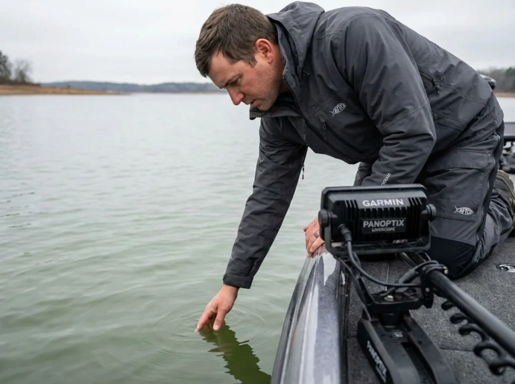 Angler checking murky turnover water conditions on fall bass lake