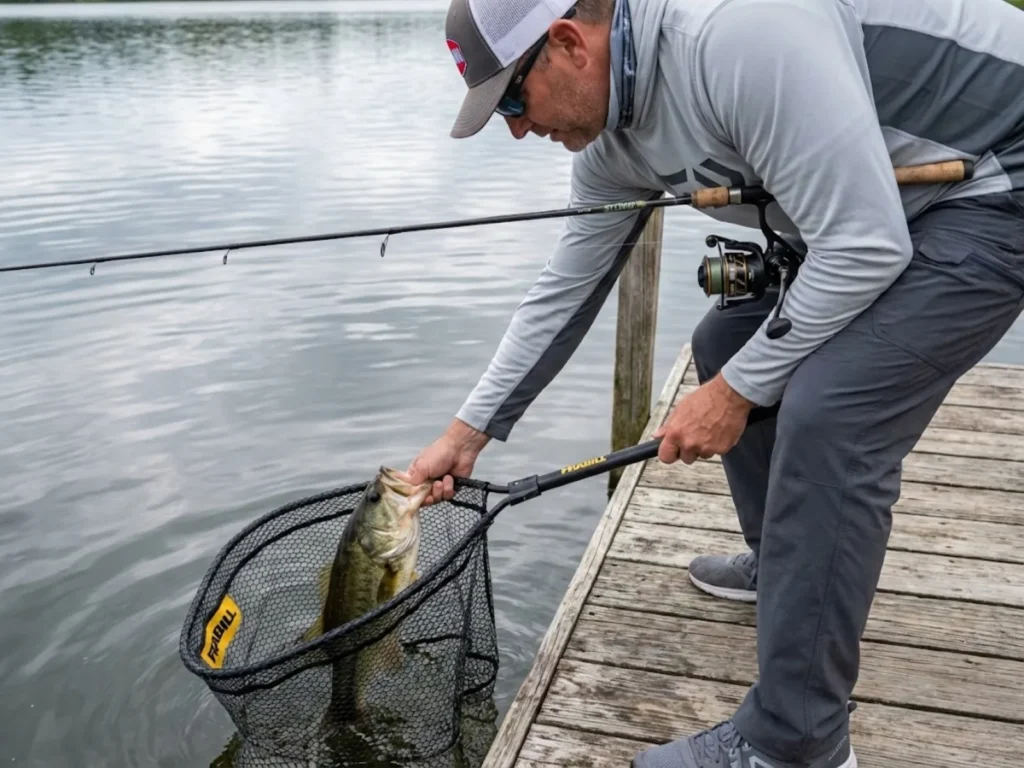 Angler landing bass head-first into rubber net at lake dock using proper technique
