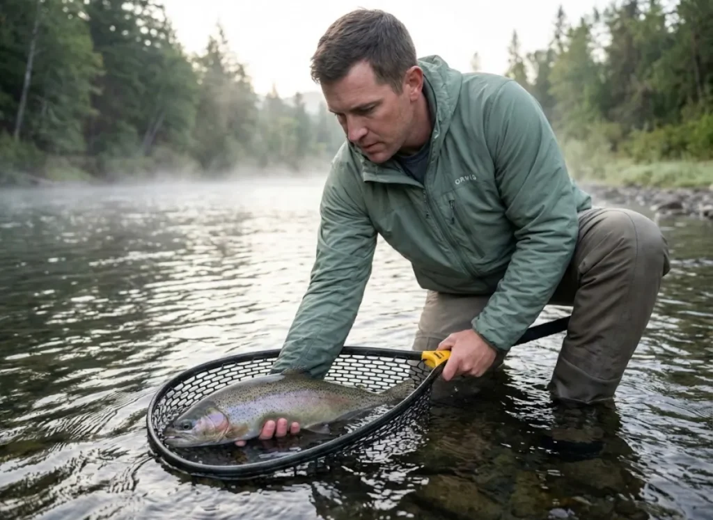 Angler landing big fish in rubber mesh net while keeping fish partially in river water