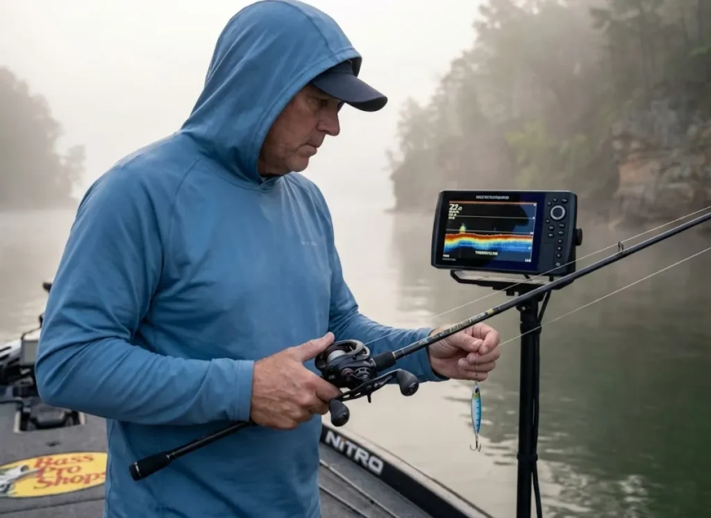 Angler vertical jigging for landlocked striped bass at thermocline on Lake Norman
