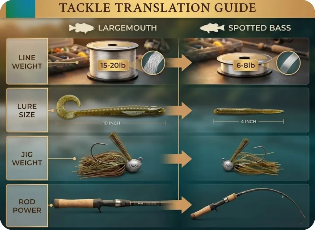 Educational tackle comparison infographic showing the gear downsizing required when transitioning from largemouth to spotted bass fishing, with side-by-side visual comparisons of line weight, lure size, jig weight, and rod power.