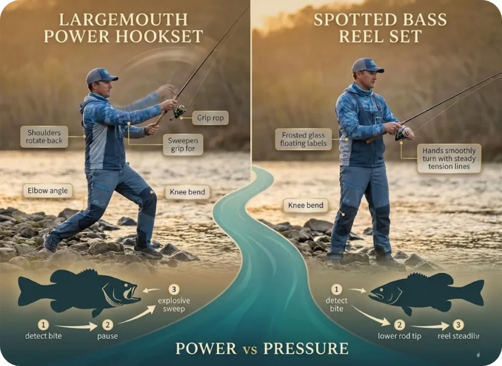 Side-by-side instructional infographic comparing the largemouth bass power hookset technique with the spotted bass reel set technique, showing detailed body mechanics, rod angles, and motion sequences for each method.