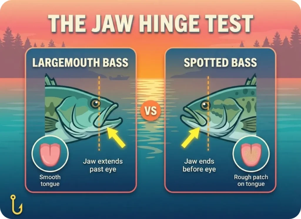 A side-by-side fishing identification infographic comparing Largemouth Bass and Spotted Bass jaw structures, featuring flat illustrated diagrams showing jaw length relative to the eye and tongue texture differences.