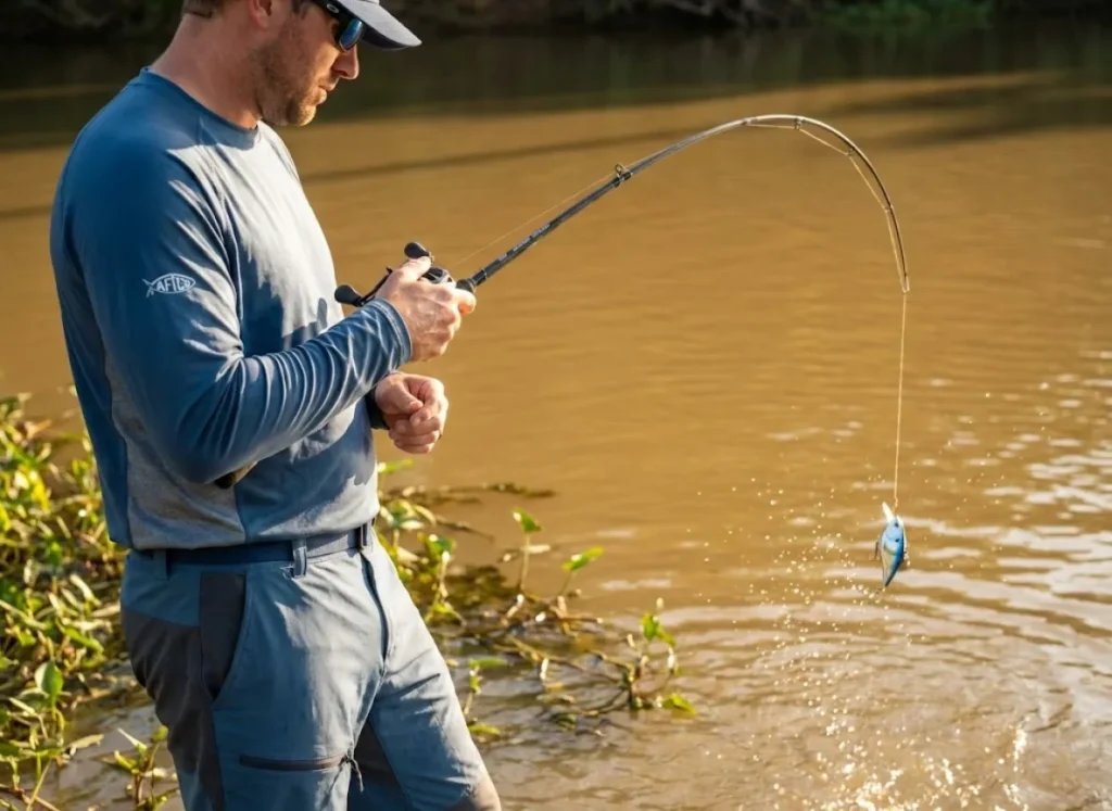 Angler fighting fish on rattling crankbait in stained water using lateral line triggering lure