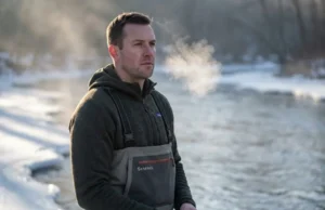 Layering Base Layers for Maximum Warmth A professional angler standing in a winter river wearing high-end waders and a textured merino wool base layer, breath visible in the cold air.