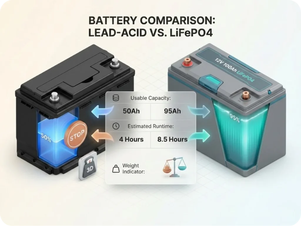 Side-by-side infographic comparing Lead-Acid and LiFePO4 batteries, highlighting 50% vs 95% usable capacity and the resulting fishing runtime for a trolling motor.