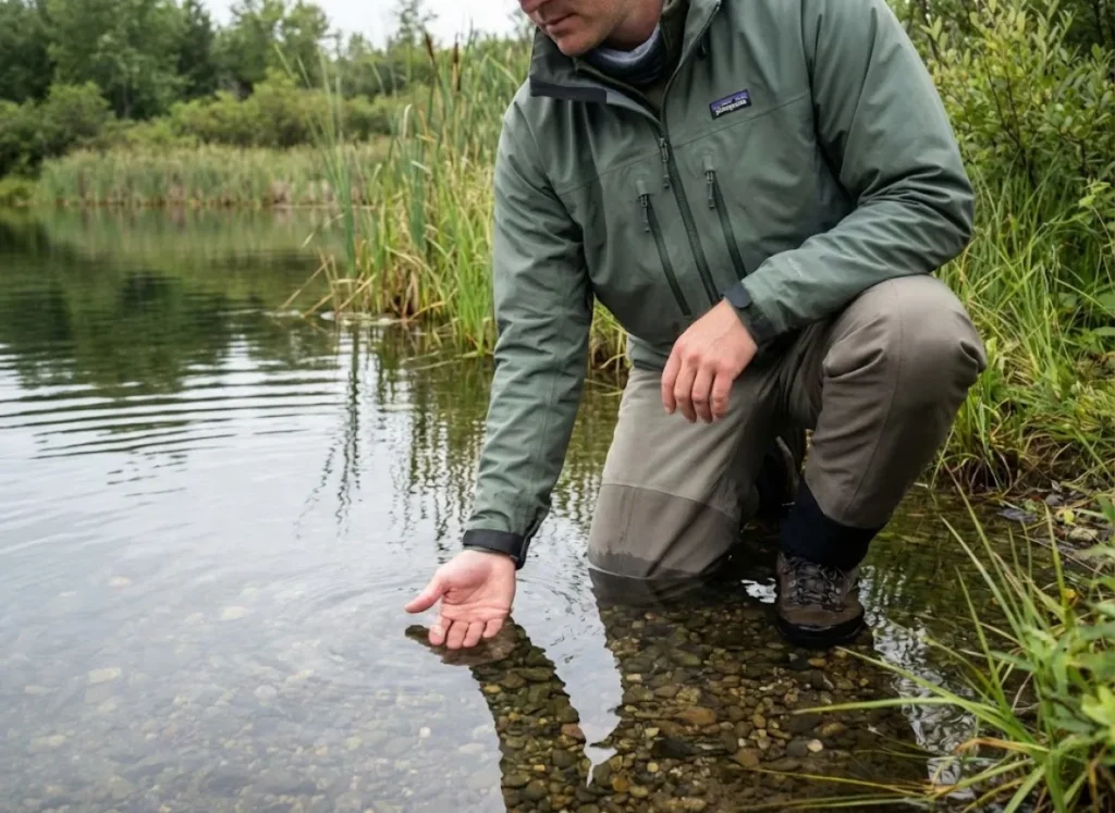 Angler kneeling by clear water in a wetland habitat, observing the ecosystem.