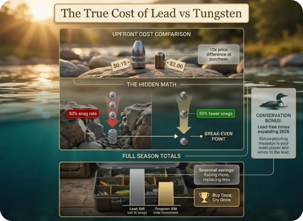 Infographic comparing the true seasonal cost of lead versus tungsten fishing weights, factoring in snag rate reduction, replacement costs, and long-term savings over a full fishing season.