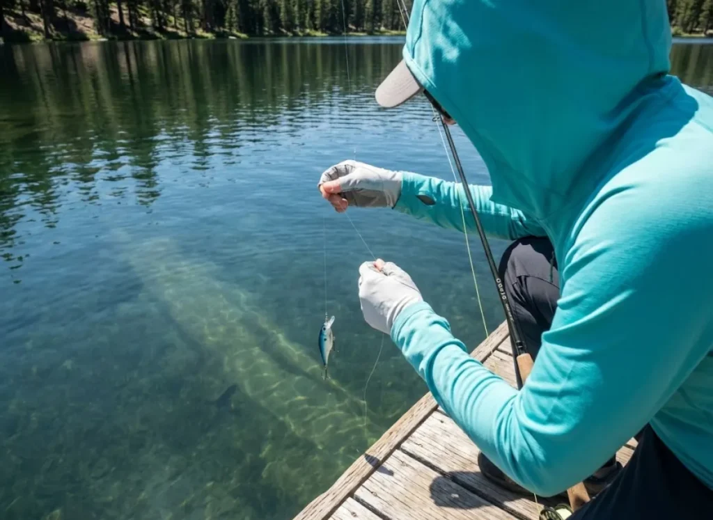 Angler lowering blue lure into clear lake water observing color visibility at depth
