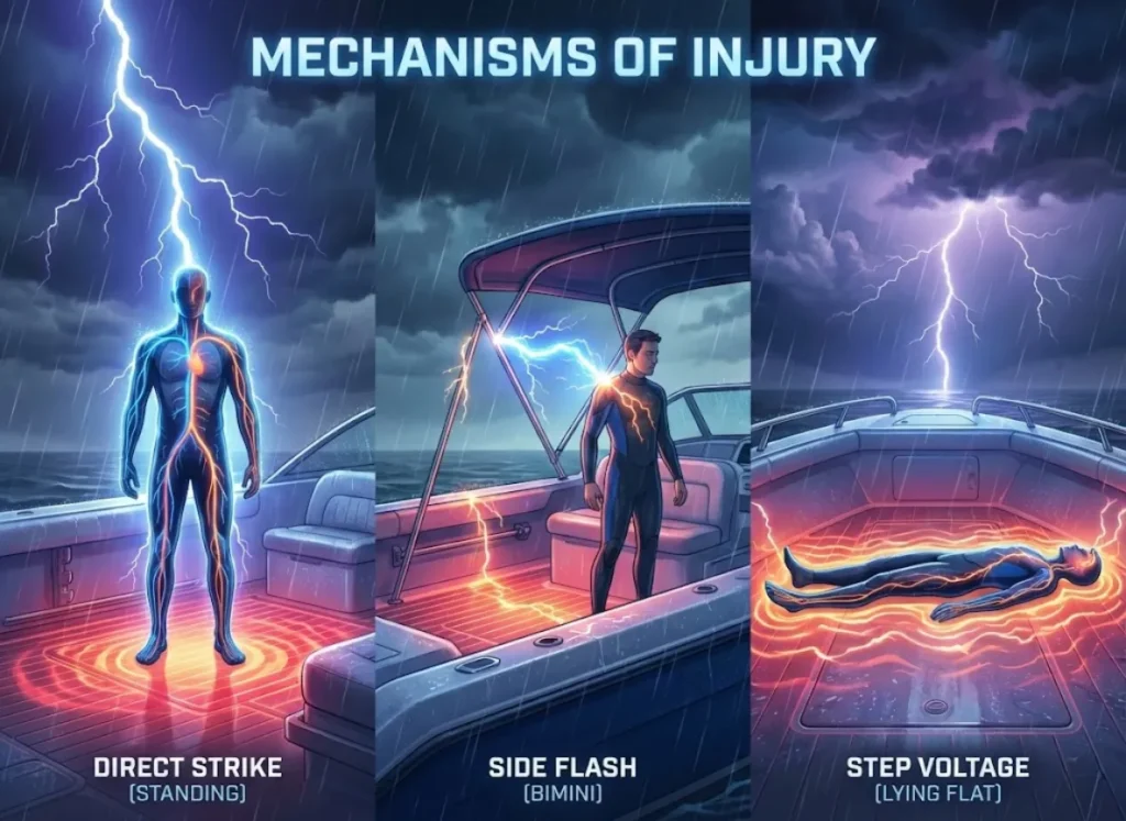 Infographic titled 'MECHANISMS OF INJURY' visualizing three lightning strike scenarios on a boat deck: 'DIRECT STRIKE (STANDING)' showing a bolt hitting a standing person; 'SIDE FLASH (BIMINI)' showing an arc from a metal frame to a person; and 'STEP VOLTAGE (LYING FLAT)' showing current passing through a prone person on a wet deck. Red glowing zones indicate danger areas.