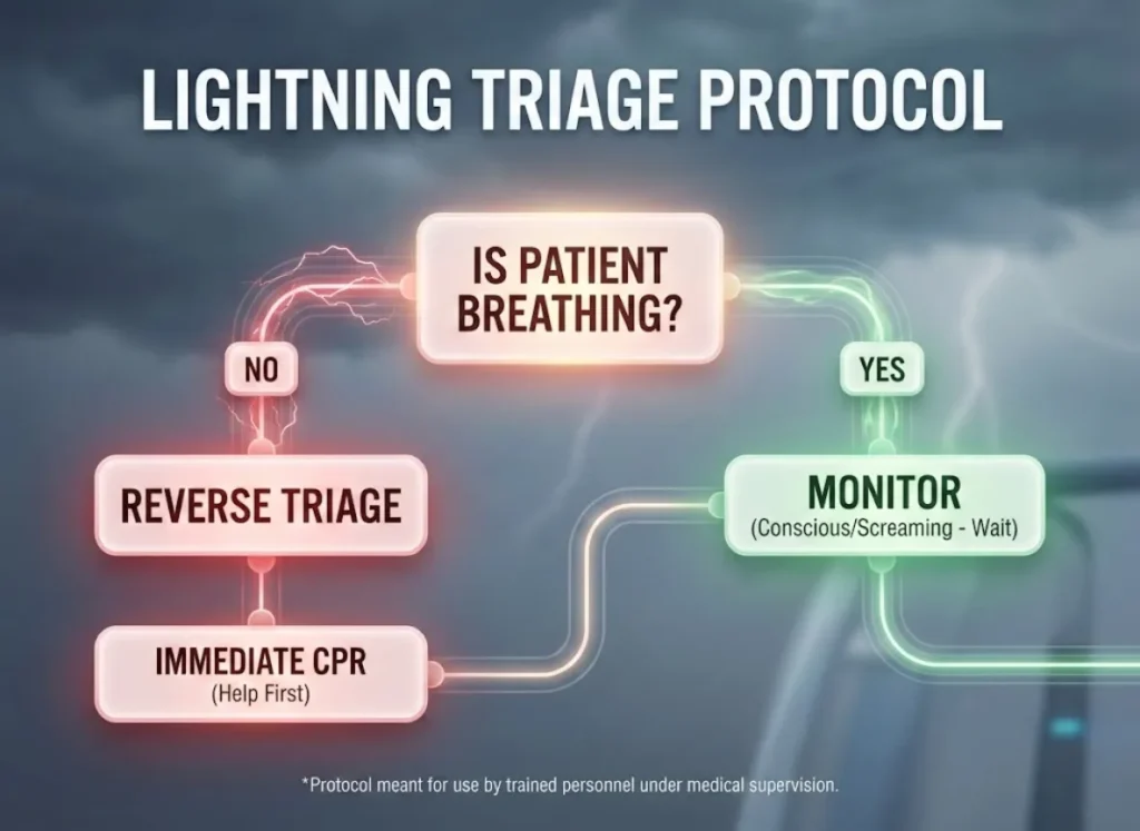 A medical flowchart illustration titled "LIGHTNING TRIAGE PROTOCOL". A central question asks "IS PATIENT BREATHING?". A path labeled "NO" leads to a red zone with boxes for "REVERSE TRIAGE" and "IMMEDIATE CPR". A path labeled "YES" leads to a green zone with a box for "MONITOR (Conscious Patients)". The style is premium vector-realism with glowing elements.