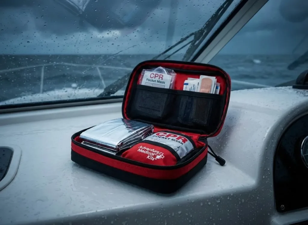 A professional waterproof medical kit open on a boat console, highlighting a CPR mask and thermal blanket for emergency response.
