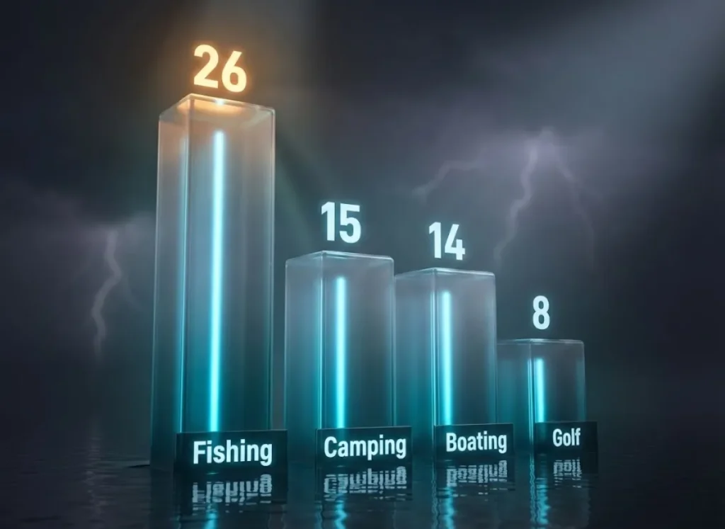 A stylized 3D bar chart visualizing NOAA lightning fatality data from 2006-2015. The chart compares four leisure activities, showing Fishing as the highest risk with 26 fatalities, followed by Camping (15), Boating (14), and Golf (8), set against a stormy atmospheric background.