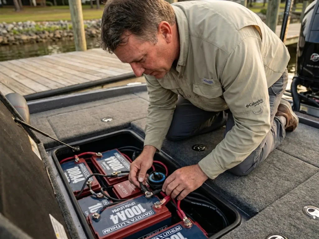 Angler checking lithium trolling motor battery connections before night fishing trip