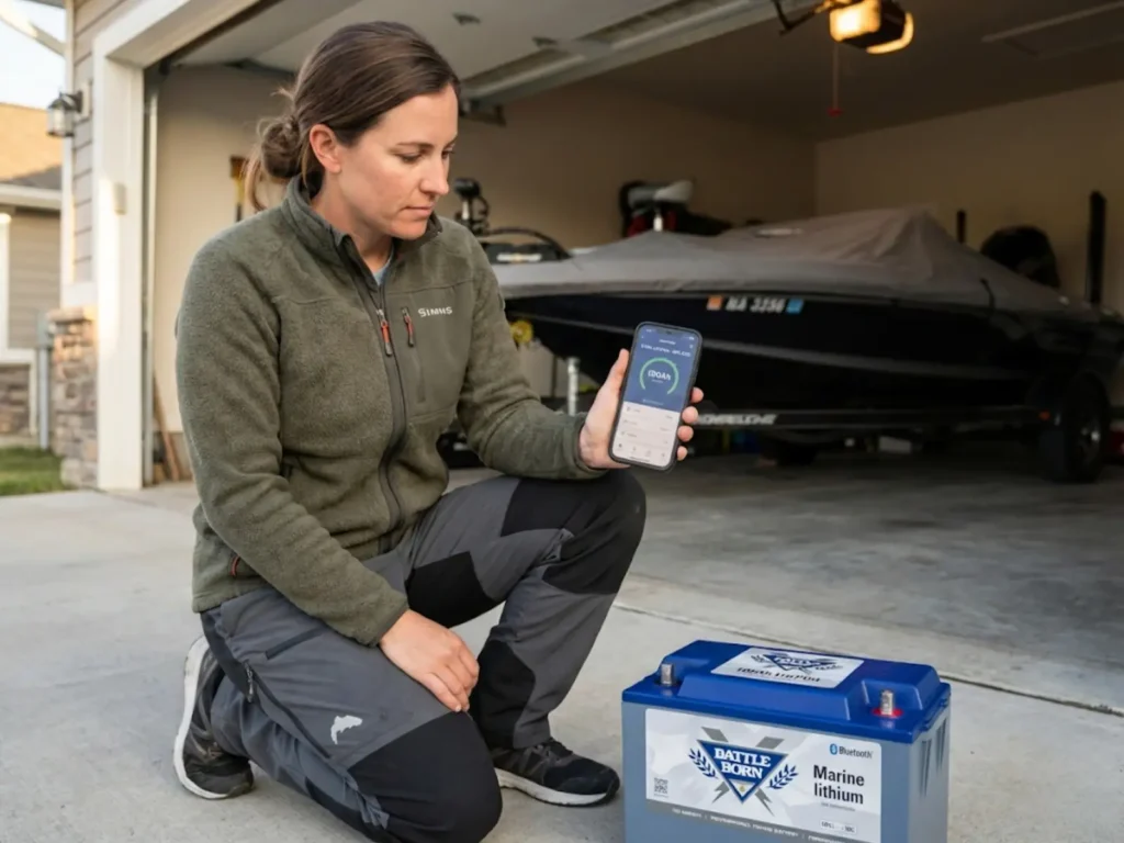 Angler checking lithium boat battery state of charge via smartphone Bluetooth app