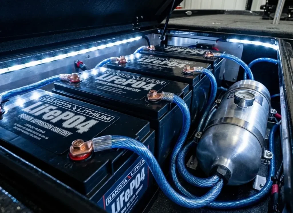 Dakota Lithium battery bank in a boat compartment with specialized fire suppression equipment nearby.