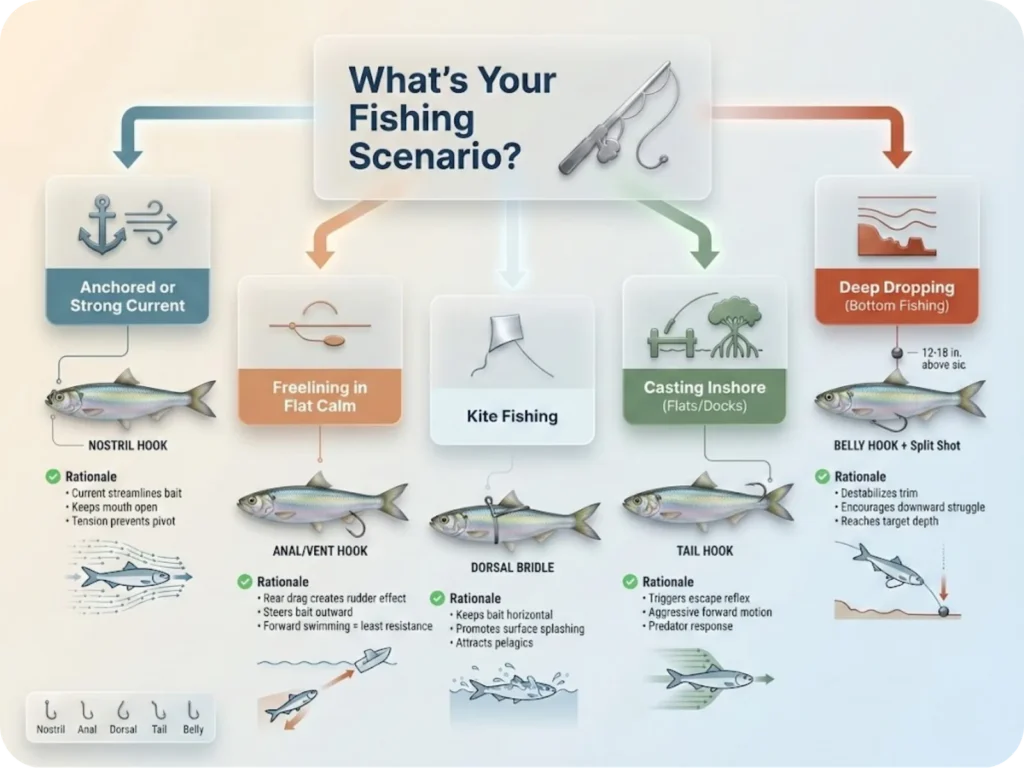 Flowchart-style decision tree for selecting optimal live bait hook placement based on fishing scenario: anchored current, freelining calm water, kite fishing, inshore casting, and deep dropping, with corresponding rigging recommendations and tactical icons.