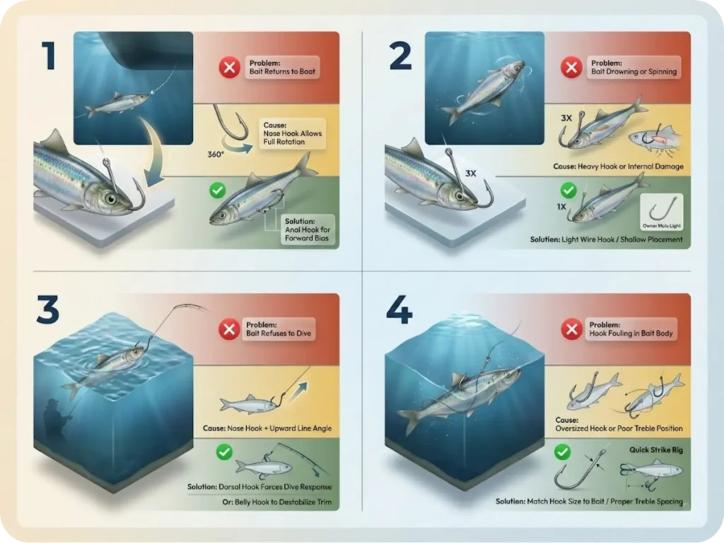 Four-panel diagnostic troubleshooting chart for live bait rigging failures: bait returning to boat, bait drowning or spinning, bait refusing to dive, and hook fouling in bait body, each with symptom identification, root cause, and solution.